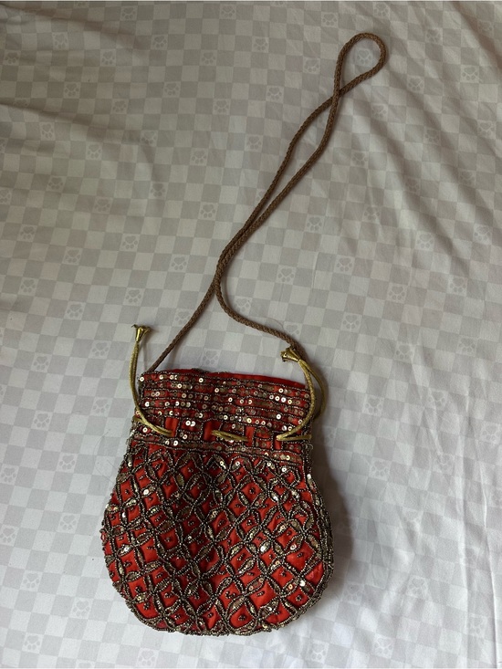 Handmade Handbags - Handmade Orange Beaded & Sequined Potli Drawstring Crossbody Bag